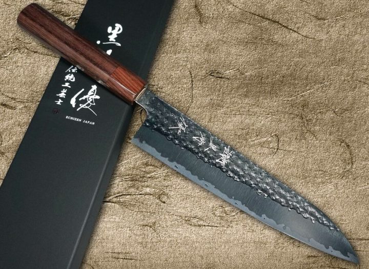 Yu Kurosaki R2(SG2) Hammered SENKO WA RS8H Japanese Chef's Santoku Knife 170mm with Brown-Ring Octagonal Handle
